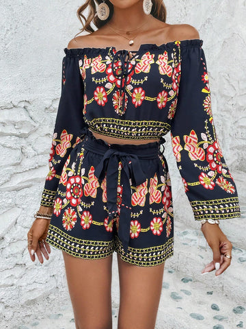 Floral Print Off Shoulder Knot Front Crop Top & Paperbag Waist Belted Shorts