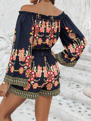 Floral Print Off Shoulder Knot Front Crop Top & Paperbag Waist Belted Shorts