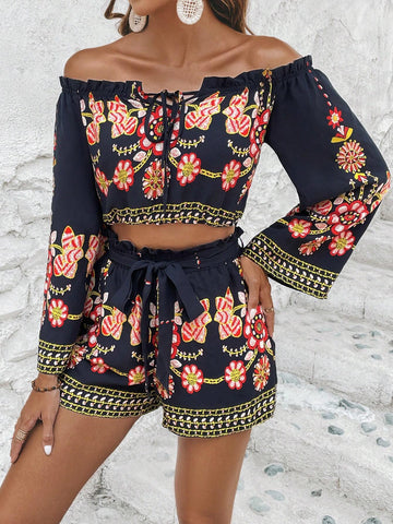 Floral Print Off Shoulder Knot Front Crop Top & Paperbag Waist Belted Shorts