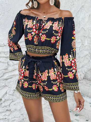 Floral Print Off Shoulder Knot Front Crop Top & Paperbag Waist Belted Shorts