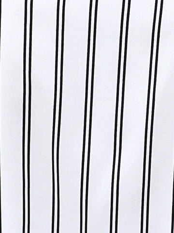 Striped Print Notched Neckline Roll Tab Sleeve Blouse