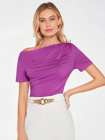 Asymmetrical Neck Ruched Tee