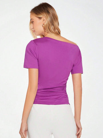 Asymmetrical Neck Ruched Tee