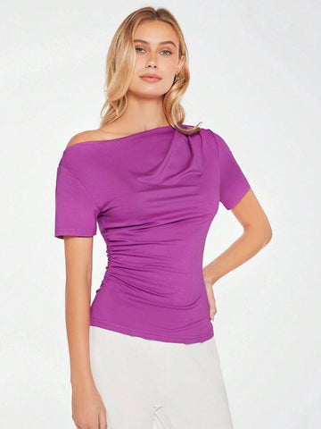 Asymmetrical Neck Ruched Tee