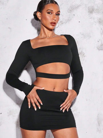 Square Neck Crop Top & Bodycon Skirt