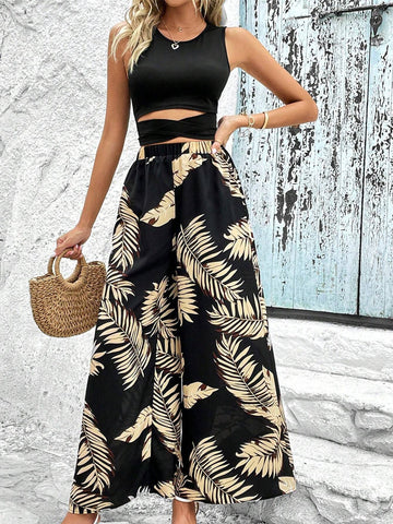 Solid Tank Top & Tropical Print Wide Leg Pants