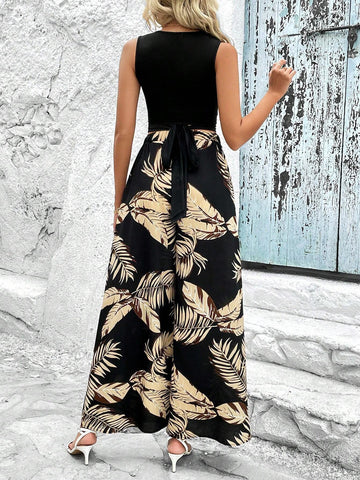Solid Tank Top & Tropical Print Wide Leg Pants