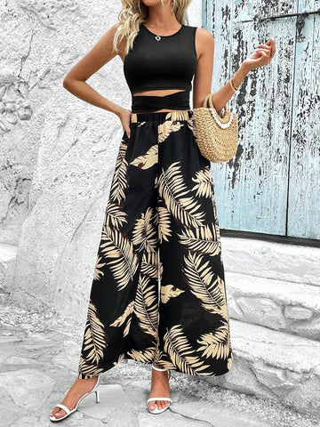 Solid Tank Top & Tropical Print Wide Leg Pants