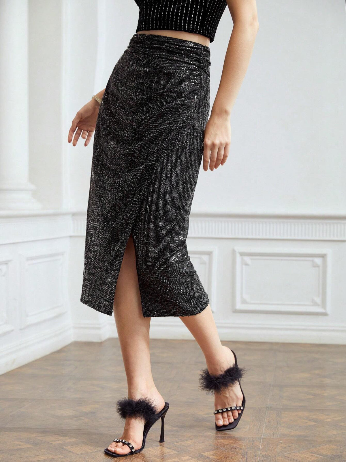 MOTF PREMIUM SEQUIN GATHERED MIDI SKIRT