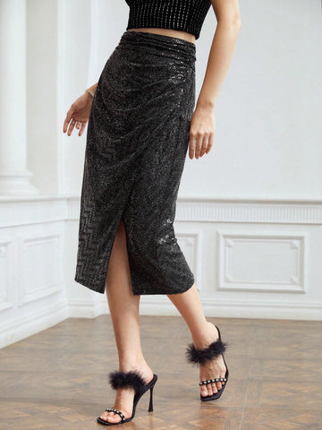 MOTF PREMIUM SEQUIN GATHERED MIDI SKIRT