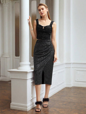 MOTF PREMIUM SEQUIN GATHERED MIDI SKIRT