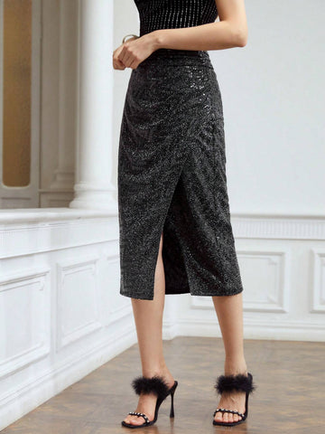 MOTF PREMIUM SEQUIN GATHERED MIDI SKIRT