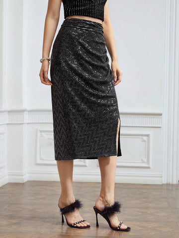 MOTF PREMIUM SEQUIN GATHERED MIDI SKIRT
