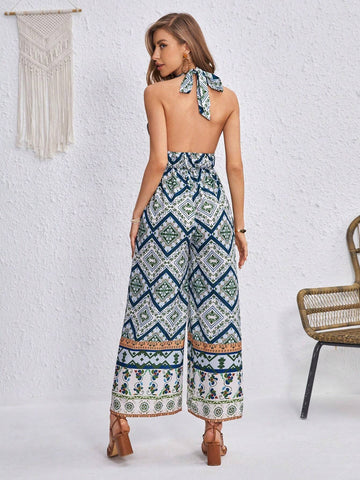 Floral Print Lace Insert Tie Backless Halter Jumpsuit