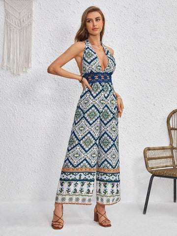 Floral Print Lace Insert Tie Backless Halter Jumpsuit