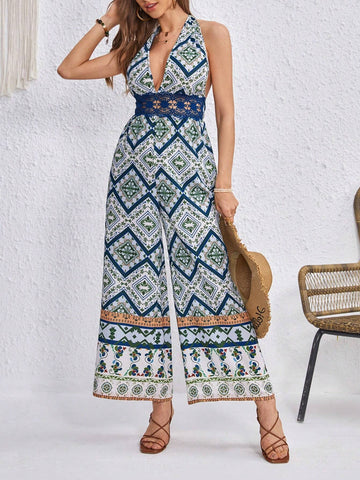 Floral Print Lace Insert Tie Backless Halter Jumpsuit