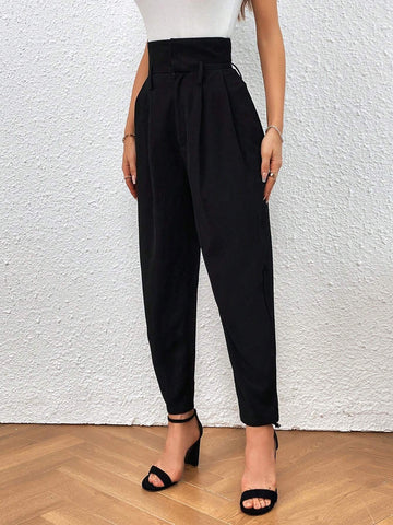 High Waist Fold Pleated Carrot Pants