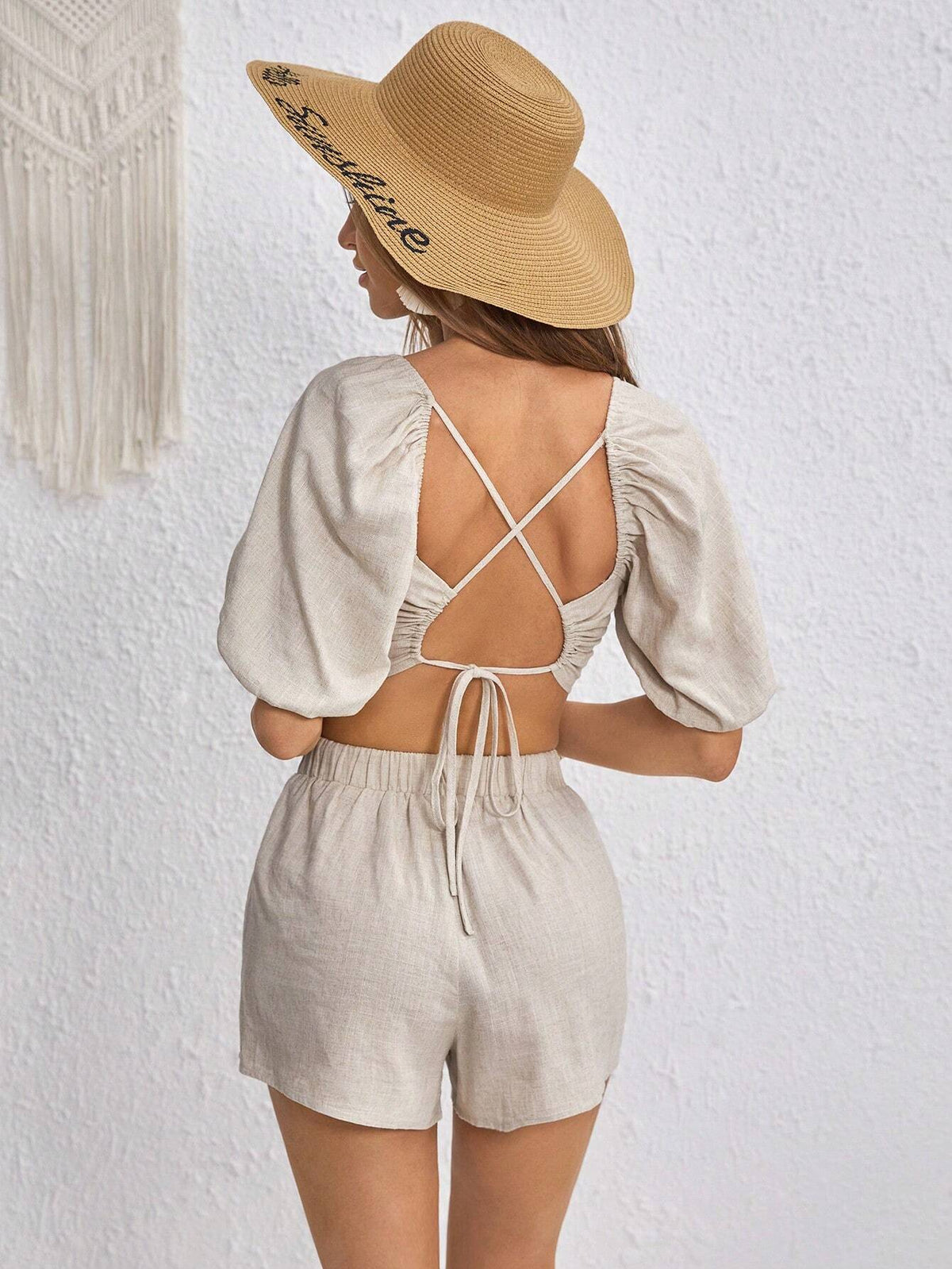 Crisscross Tie Backless Puff Sleeve Crop Top & Shorts