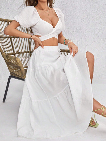 Puff Sleeve Crop Top & Ruffle Hem Skirt