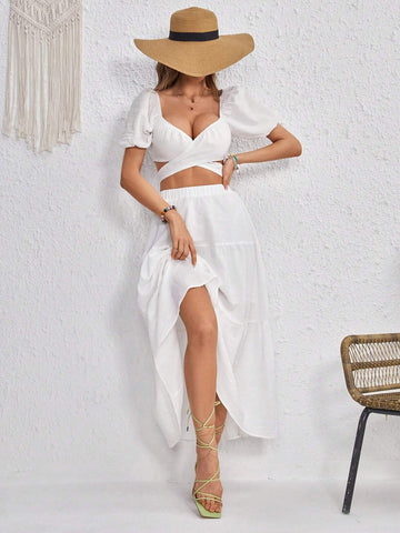 Puff Sleeve Crop Top & Ruffle Hem Skirt