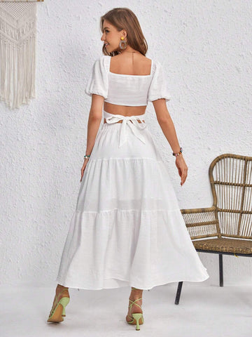 Puff Sleeve Crop Top & Ruffle Hem Skirt