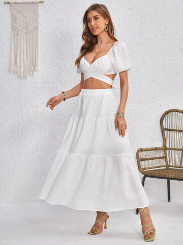 Puff Sleeve Crop Top & Ruffle Hem Skirt