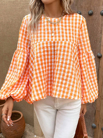 Gingham Print Lantern Sleeve Peplum Blouse