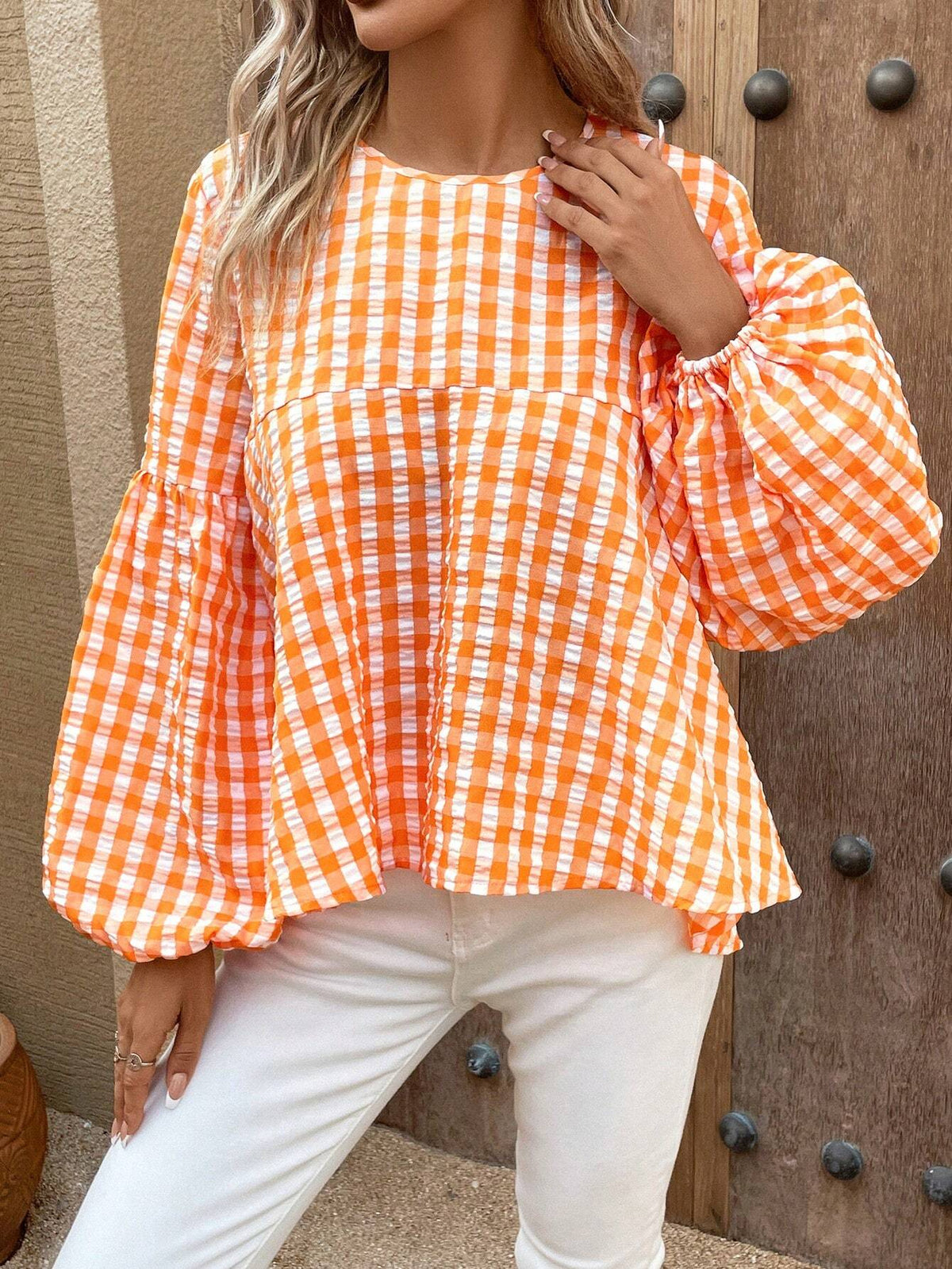 Gingham Print Lantern Sleeve Peplum Blouse