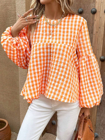 Gingham Print Lantern Sleeve Peplum Blouse