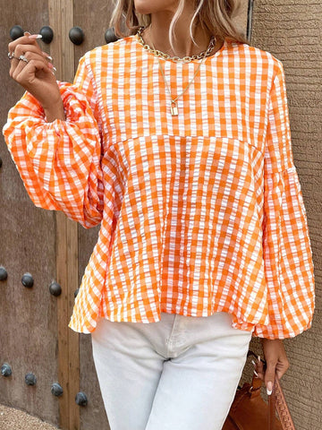 Gingham Print Lantern Sleeve Peplum Blouse