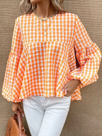 Gingham Print Lantern Sleeve Peplum Blouse