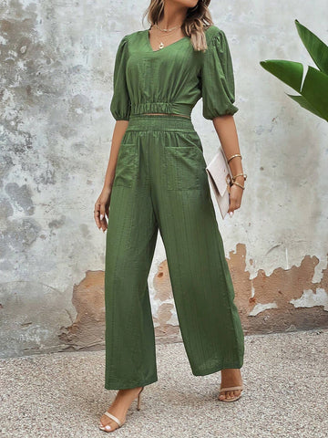 Puff Sleeve Crop Blouse & Wide Leg Pants