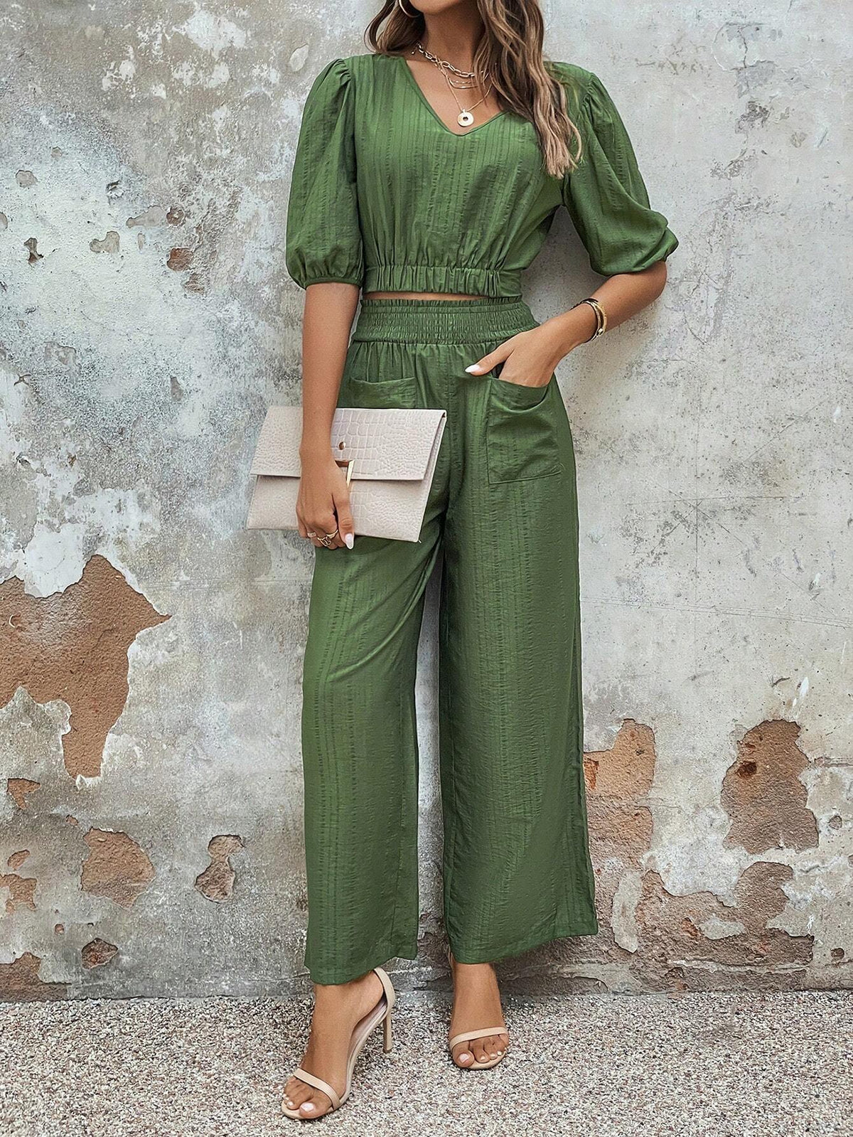Puff Sleeve Crop Blouse & Wide Leg Pants