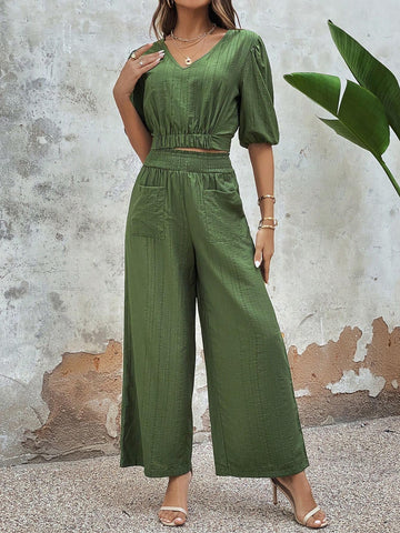 Puff Sleeve Crop Blouse & Wide Leg Pants