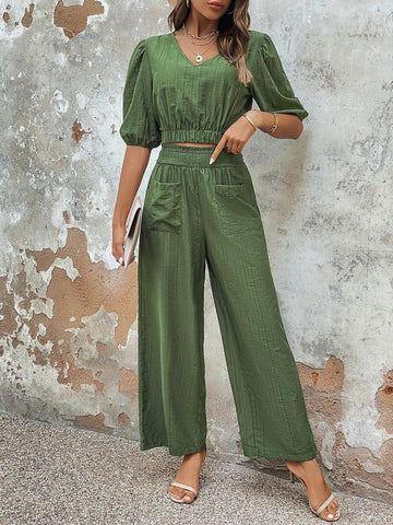 Puff Sleeve Crop Blouse & Wide Leg Pants