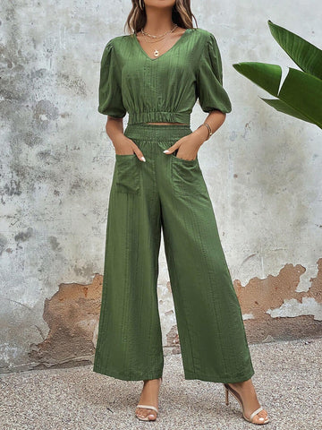 Puff Sleeve Crop Blouse & Wide Leg Pants