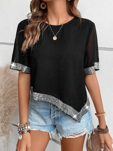 Contrast Sequin Asymmetrical Hem Blouse