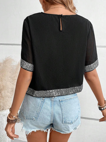 Contrast Sequin Asymmetrical Hem Blouse