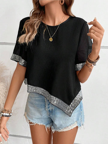 Contrast Sequin Asymmetrical Hem Blouse