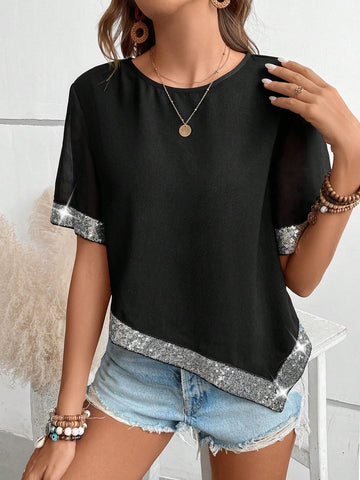 Contrast Sequin Asymmetrical Hem Blouse