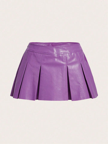 ICON Solid PU Leather Pleated Skirt