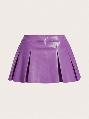 ICON Solid PU Leather Pleated Skirt