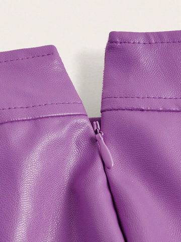 ICON Solid PU Leather Pleated Skirt