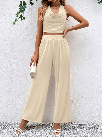 Solid Crop Halter Top & Wide Leg Pants