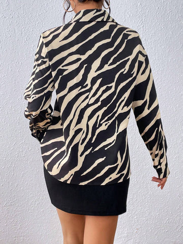 Zebra Striped Drop Shoulder Shirt & Split Hem Skirt Without Belt