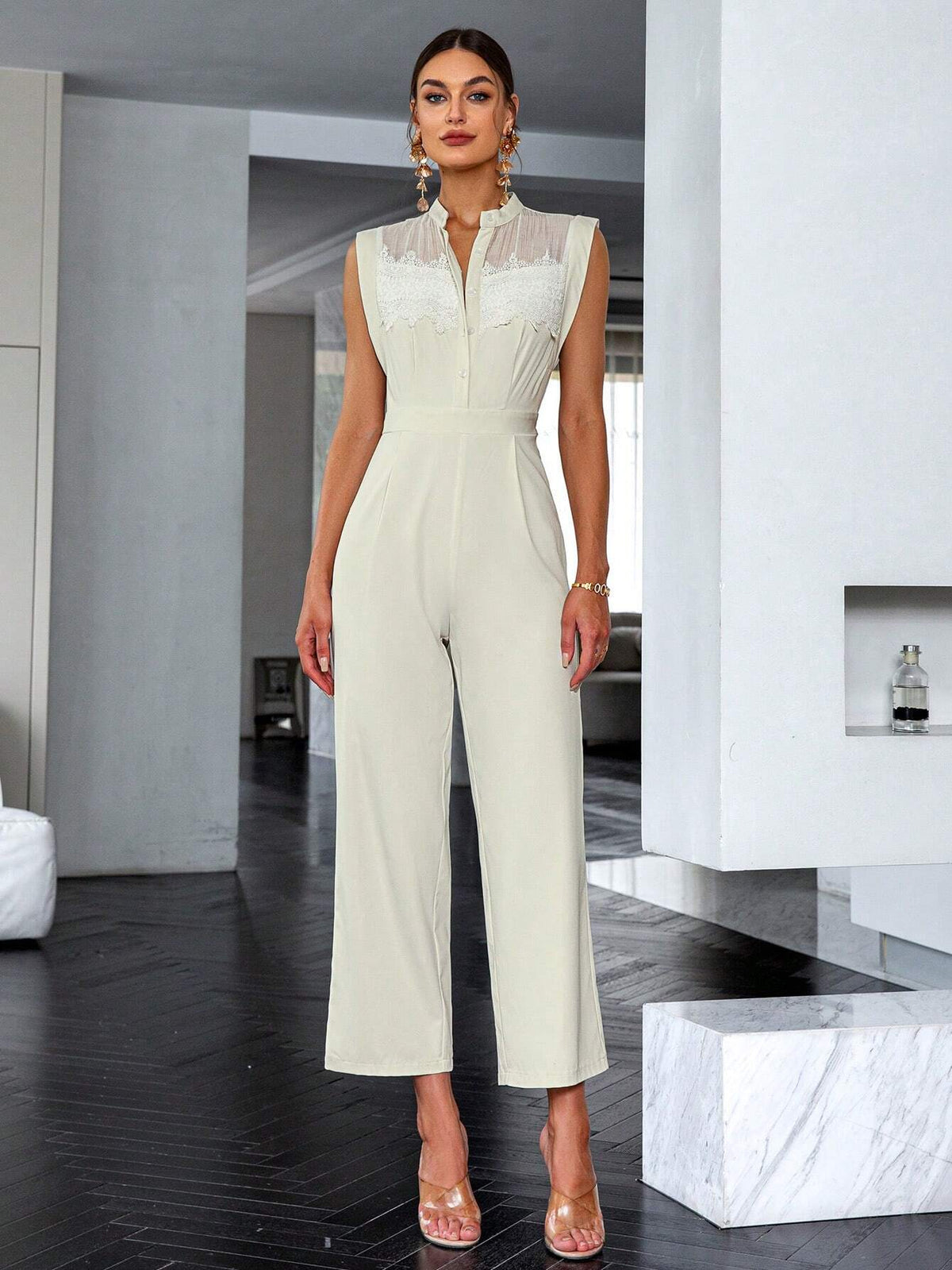 Sollinarry Contrast Lace Button Front Jumpsuit