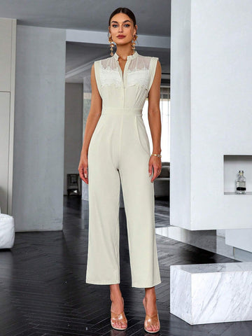 Sollinarry Contrast Lace Button Front Jumpsuit