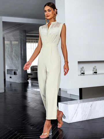 Sollinarry Contrast Lace Button Front Jumpsuit