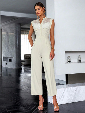 Sollinarry Contrast Lace Button Front Jumpsuit