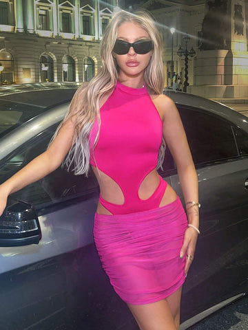 Cut Out Bodysuit & Ruched Bodycon Skirt